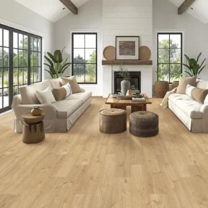Mohawk Laminate in a light natural wood color in a living room with two white sofas | Broadway Carpet & Flooring