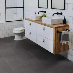 Shaw Floors Ember dark gray rectangular tile in a modern bathroom | Broadway Carpet & Flooring
