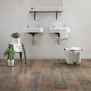 Shaw Floors tile with a dark, burned wood look, in a bathroom | Broadway Carpet & Flooring