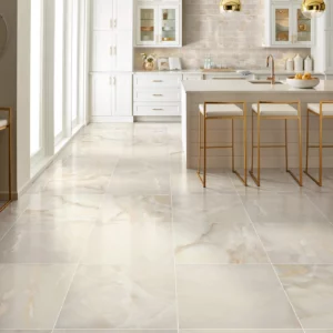 Shaw Floors Beige polished tile with subtle veining in a white kitchen | Broadway Carpet & Flooring