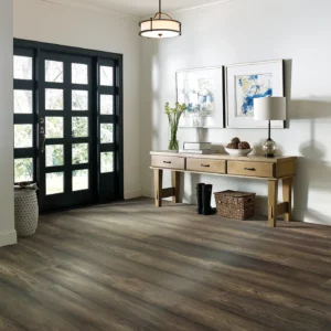 Dark brown hardwood in an entryway with a black front door | Broadway Carpet & Flooring