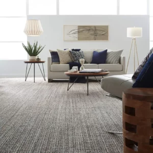 Textured gray Shaw Floors carpet in a modern living room | Broadway Carpet & Flooring