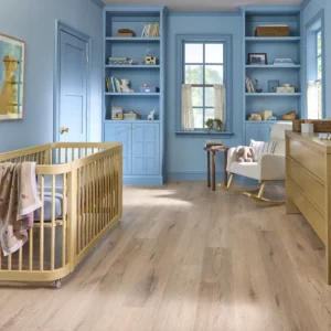 COREtec Luxury Vinyl in a light natural wood color in a child's bedroom | Broadway Carpet & Flooring