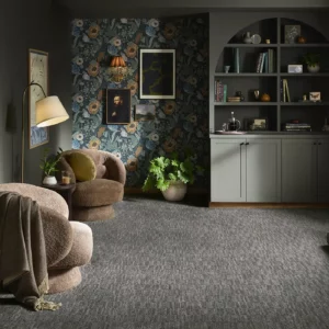 Dark gray Shaw Floors carpet in a botanical themed sitting room | Broadway Carpet & Flooring